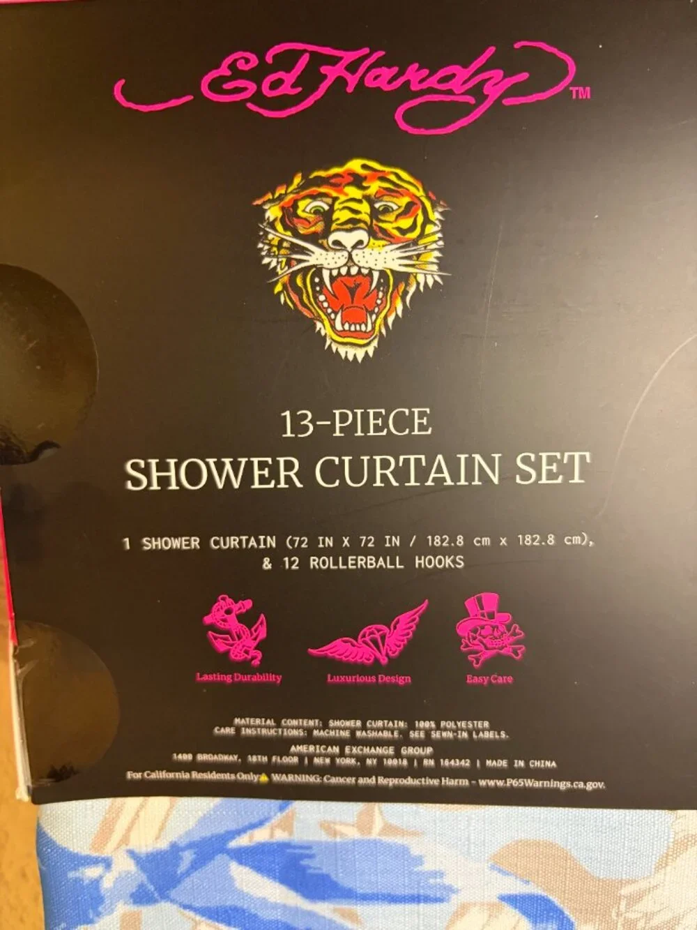 Ed Hardy Tiger Skull Tattoo Blue Shower Curtain 13 Piece Hook Set 72x72 NWT